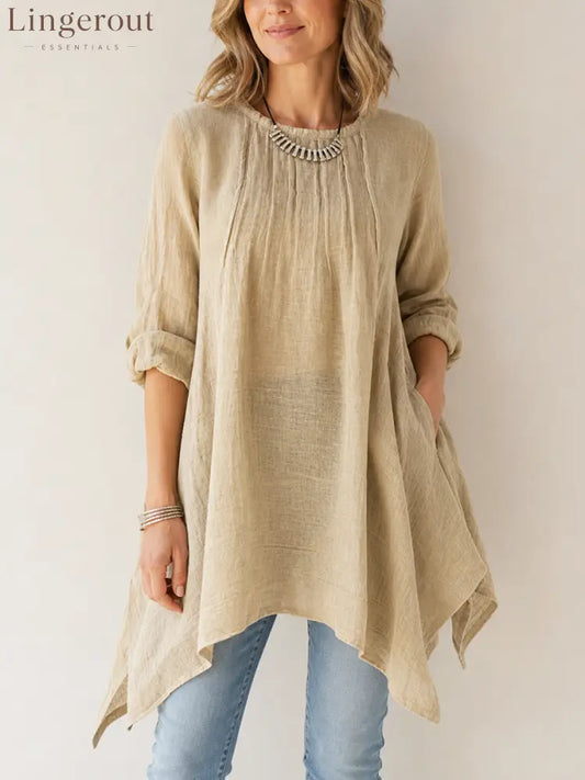 Women’s Classic Vintage-Style Loose-Fit Long-Sleeve Linen T-Shirt (Long Length) - Light Khaki / XS - Shirts & Tops