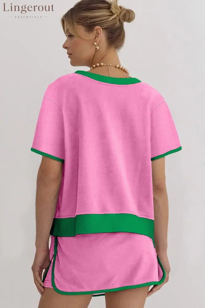 Women’s Colorblock Edge Drop Shoulder T Shirt Skort 2 Pcs Set
