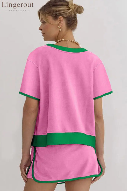 Women’s Colorblock Edge Drop Shoulder T Shirt Skort 2 Pcs Set
