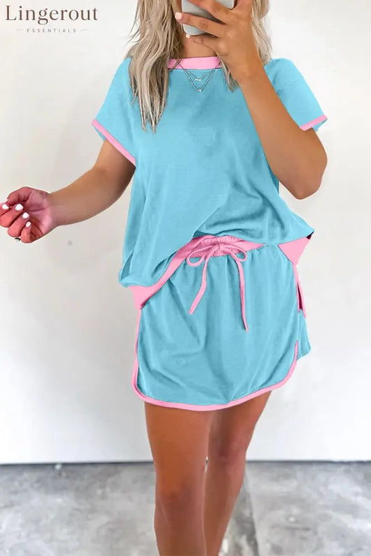 Women’s Colorblock Edge Drop Shoulder T Shirt Skort 2 Pcs Set - Blue / S
