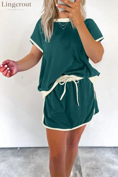 Women’s Colorblock Edge Drop Shoulder T Shirt Skort 2 Pcs Set - Green / S