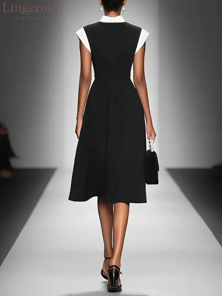 Women’s Colorblock Square Neck Cap Shoulder Sleeve Waist Midi Dress