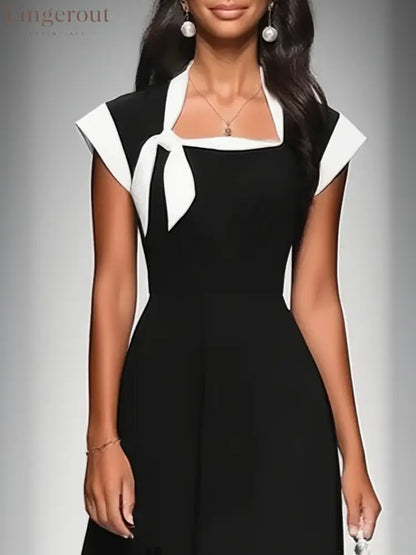 Women’s Colorblock Square Neck Cap Shoulder Sleeve Waist Midi Dress