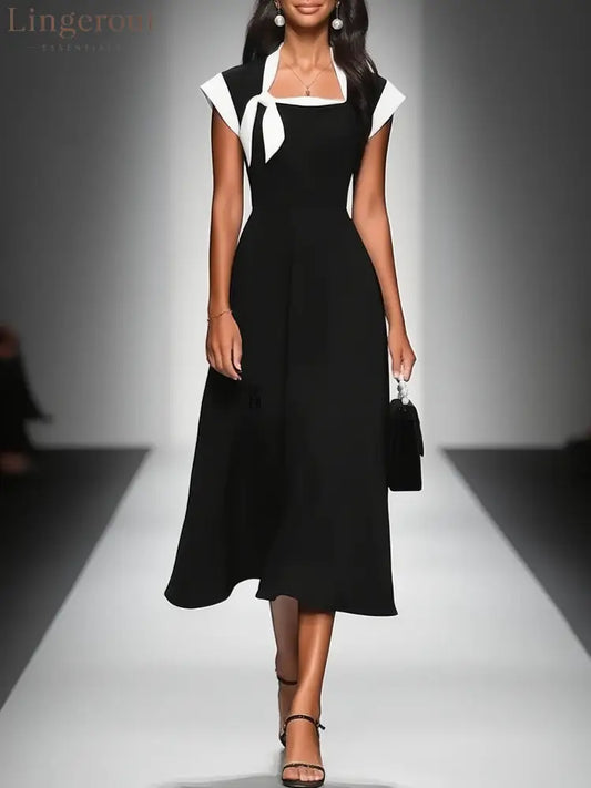 Women’s Colorblock Square Neck Cap Shoulder Sleeve Waist Midi Dress - Black / XS