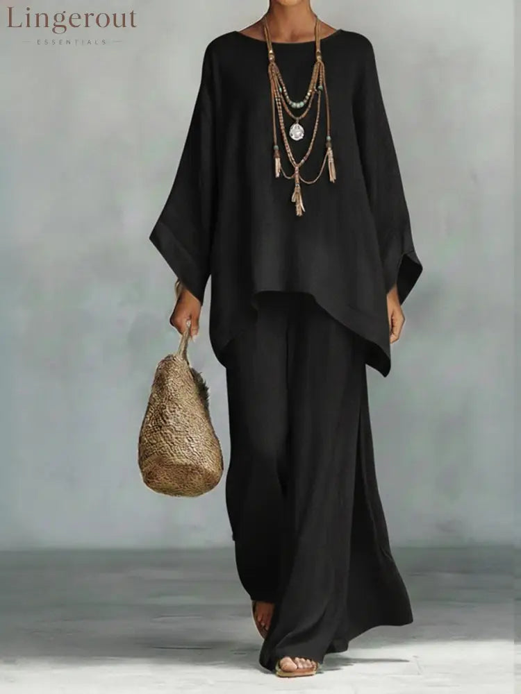 Women’s Comfortable Loose-fitting Linen And Cotton Top And Wide-leg Pants Two-piece Set. - Black / S