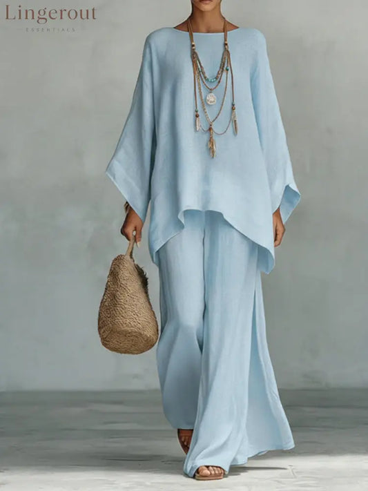 Women’s Comfortable Loose-fitting Linen And Cotton Top And Wide-leg Pants Two-piece Set. - LightBlue / S
