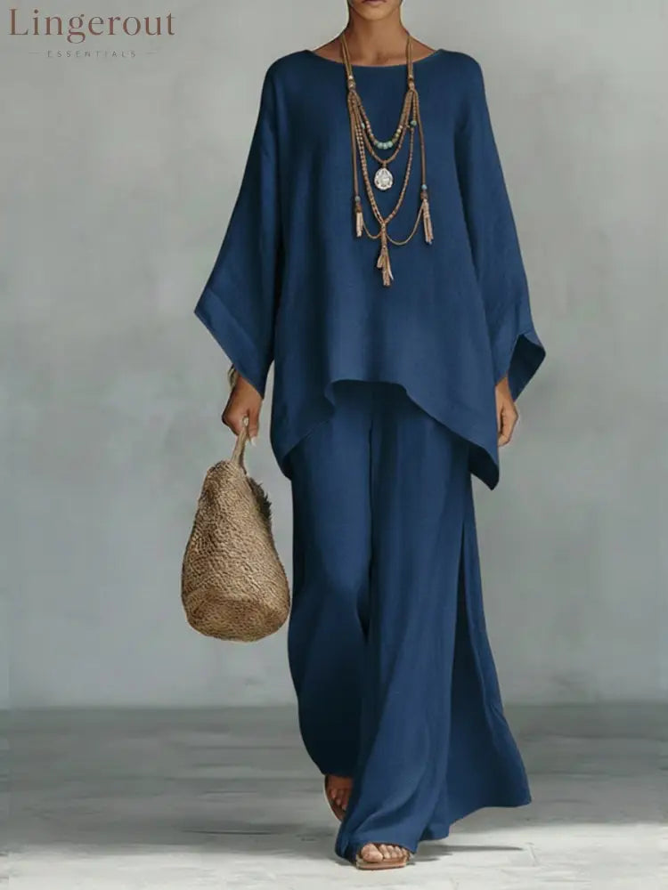 Women’s Comfortable Loose-fitting Linen And Cotton Top And Wide-leg Pants Two-piece Set. - Navy / S