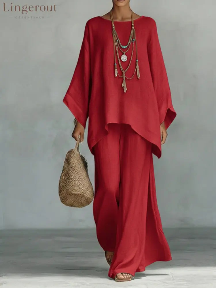 Women’s Comfortable Loose-fitting Linen And Cotton Top And Wide-leg Pants Two-piece Set. - Red / S