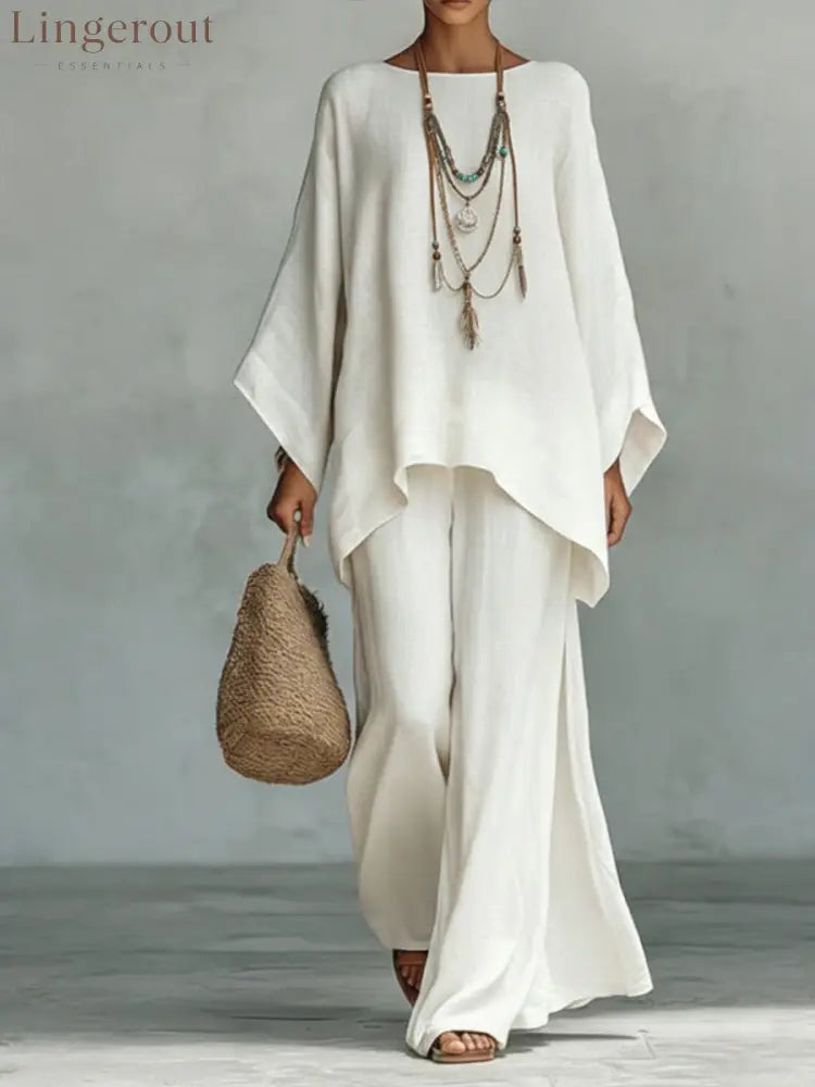 Women’s Comfortable Loose-fitting Linen And Cotton Top And Wide-leg Pants Two-piece Set. - White / S