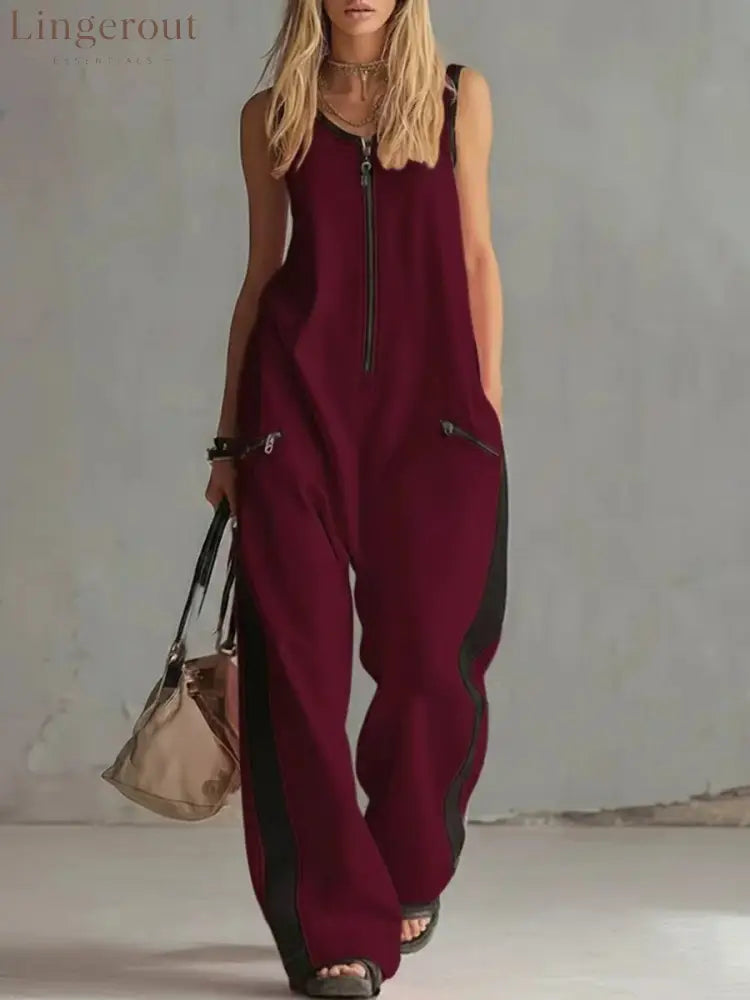 Women’s Contrast Color Sleeveless Jumpsuit - Sporty Wide Leg with Zipper Detail (S-2XL) - Burgundy / S