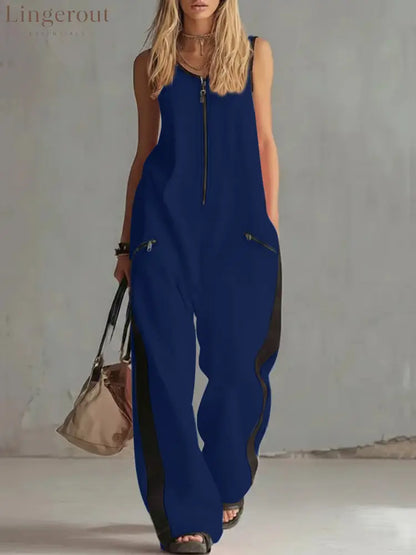 Women’s Contrast Color Sleeveless Jumpsuit - Sporty Wide Leg with Zipper Detail (S-2XL) - Dark blue / S
