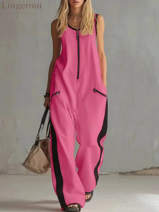 Women’s Contrast Color Sleeveless Jumpsuit - Sporty Wide Leg with Zipper Detail (S-2XL) - Pink / S