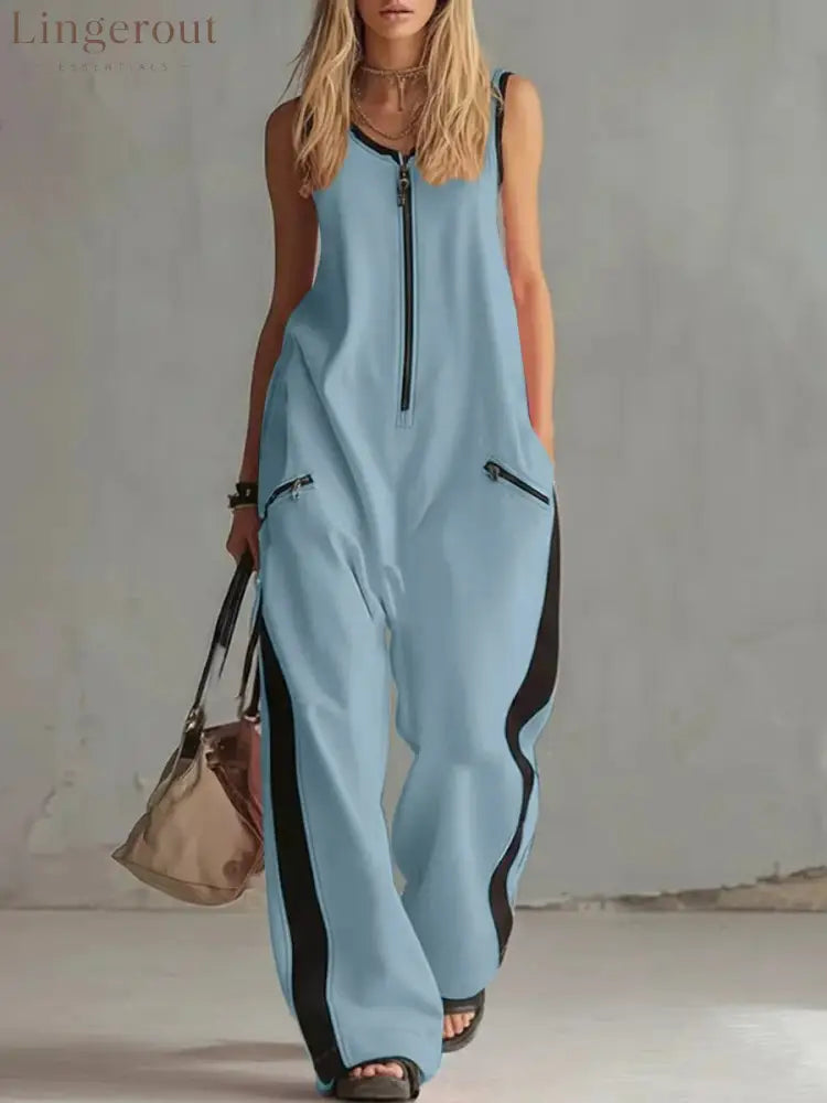 Women’s Contrast Color Sleeveless Jumpsuit - Sporty Wide Leg with Zipper Detail (S-2XL) - Sky blue / S