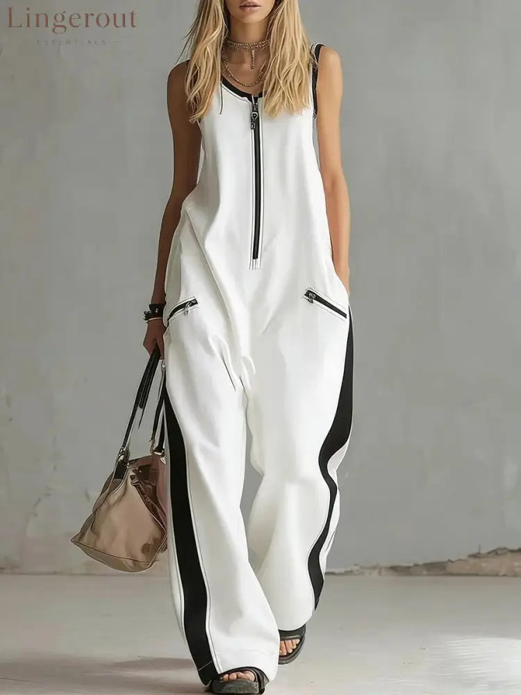 Women’s Contrast Color Sleeveless Jumpsuit - Sporty Wide Leg with Zipper Detail (S-2XL) - White / S