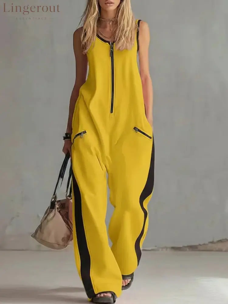 Women’s Contrast Color Sleeveless Jumpsuit - Sporty Wide Leg with Zipper Detail (S-2XL) - Yellow / S