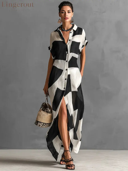 Women’s Cotton And Linen Blend Irregular Geometric Print Lapel Single-Breasted Short-Sleeved Maxi Shirt Dress