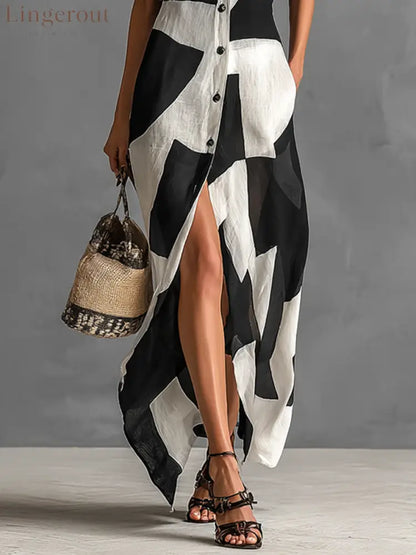 Women’s Cotton And Linen Blend Irregular Geometric Print Lapel Single-Breasted Short-Sleeved Maxi Shirt Dress