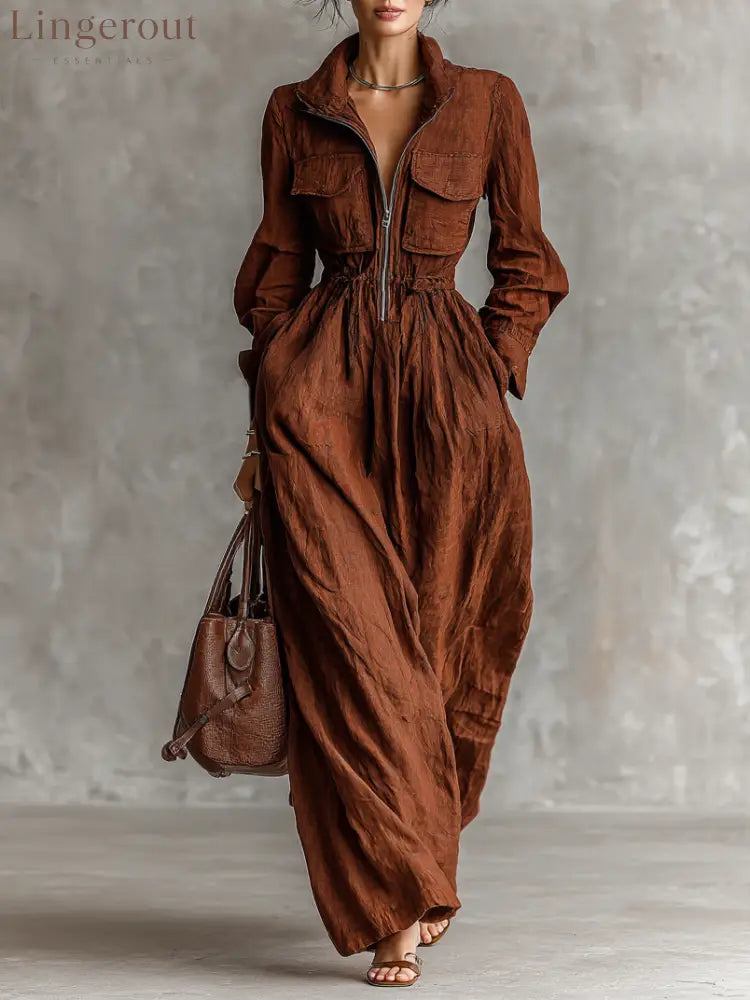Women's Cotton And Linen Zipper Lapel Elastic Waist Maxi Dress MDA1964H8Y