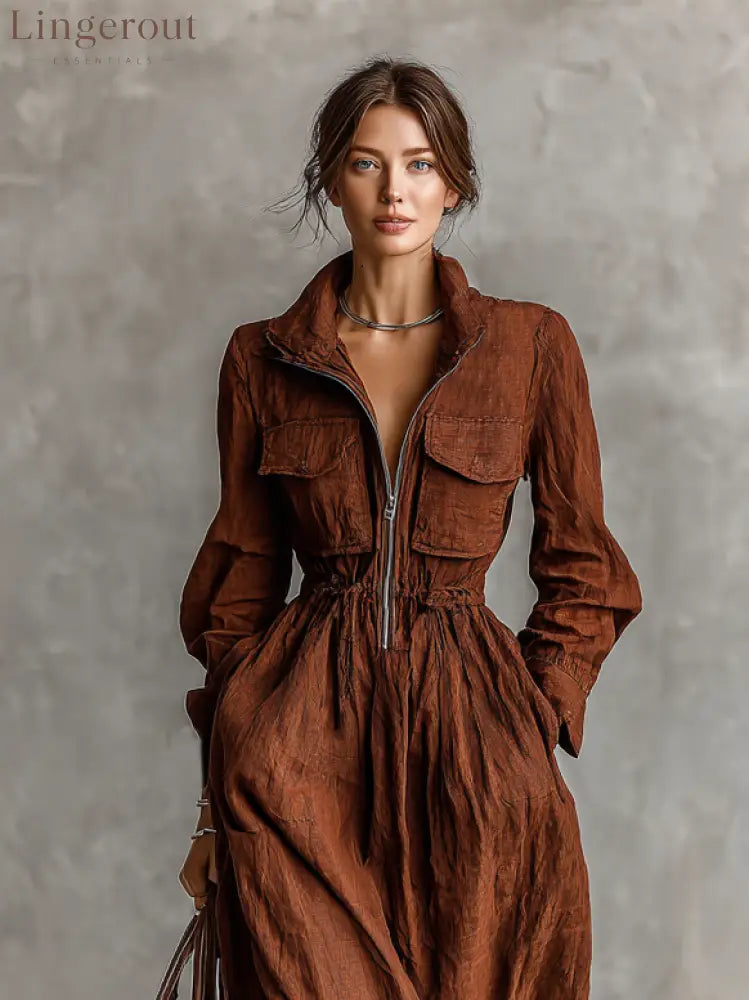 Women's Cotton And Linen Zipper Lapel Elastic Waist Maxi Dress MDA1964H8Y