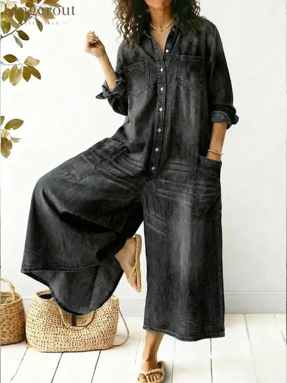 Women’s Cozy And Casual Denim Jumpsuit With Large Front Pockets - Black / S