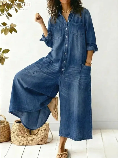 Women’s Cozy And Casual Denim Jumpsuit With Large Front Pockets - Blue / S