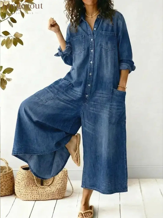 Women’s Cozy And Casual Denim Jumpsuit With Large Front Pockets - Blue / S