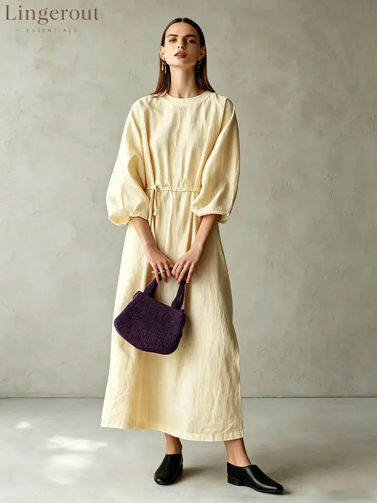 Women’s Cream Textured Cotton-Blend Maxi Gown With Drop Shoulder Lantern Sleeves & Self Tie Waist Detail Modern
