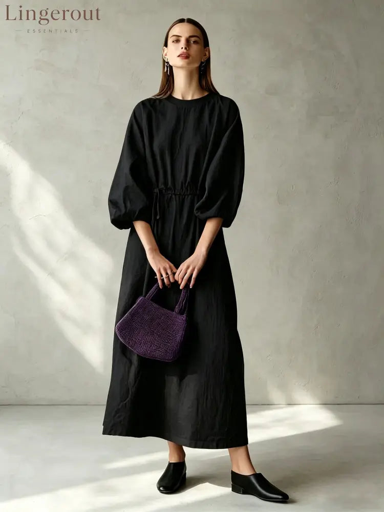 Women’s Cream Textured Cotton-Blend Maxi Gown With Drop Shoulder Lantern Sleeves & Self Tie Waist Detail Modern