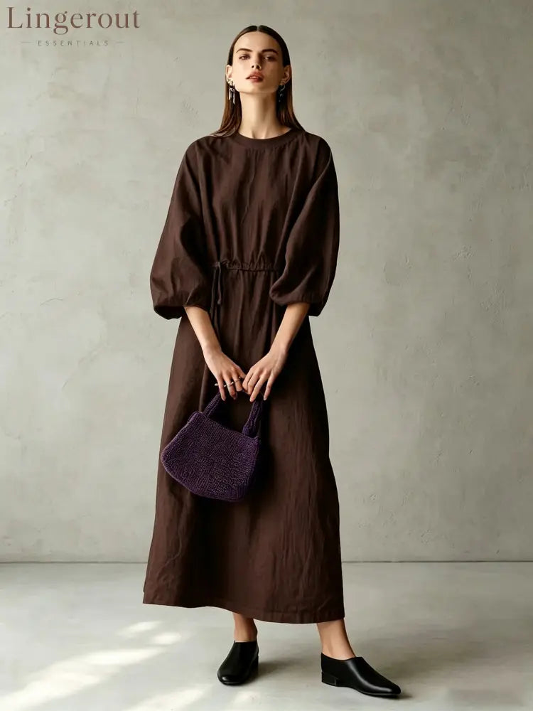Women’s Cream Textured Cotton-Blend Maxi Gown With Drop Shoulder Lantern Sleeves & Self Tie Waist Detail Modern