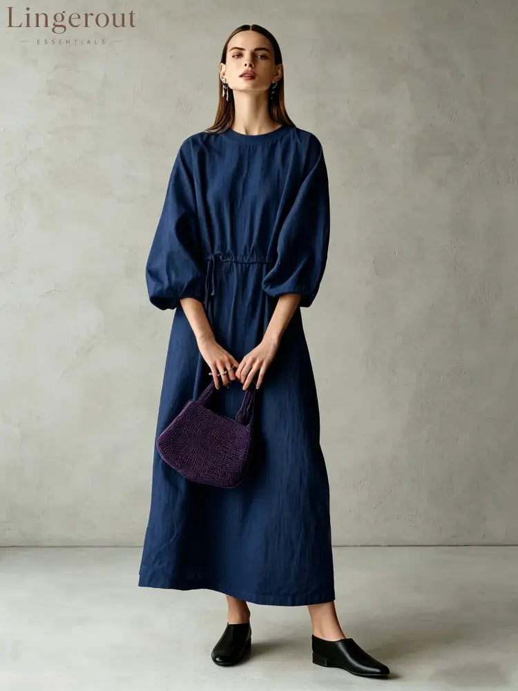 Women’s Cream Textured Cotton-Blend Maxi Gown With Drop Shoulder Lantern Sleeves & Self Tie Waist Detail Modern