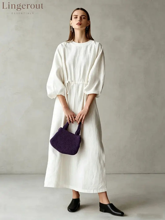 Women’s Cream Textured Cotton-Blend Maxi Gown With Drop Shoulder Lantern Sleeves & Self Tie Waist Detail Modern