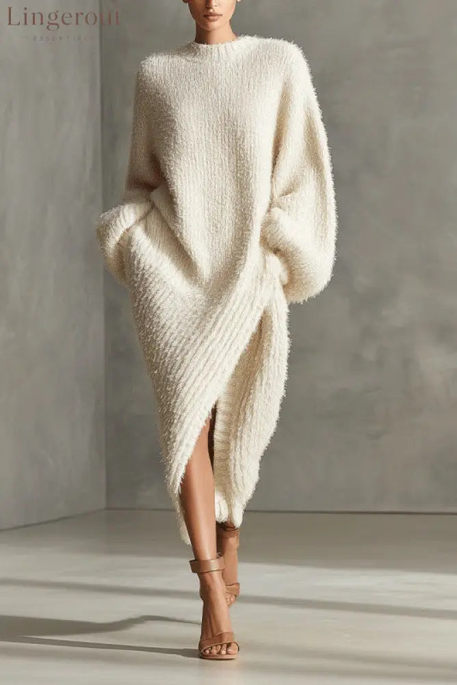 Women’s Cream Textured Knit Oversized Long Sleeve Slit Maxi Sweater Dress