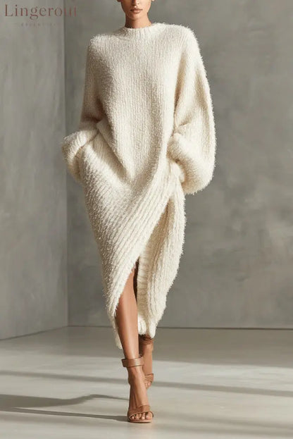 Women’s Cream Textured Knit Oversized Long Sleeve Slit Maxi Sweater Dress