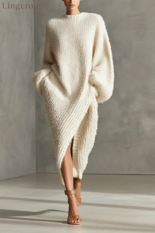 Women’s Cream Textured Knit Oversized Long Sleeve Slit Maxi Sweater Dress