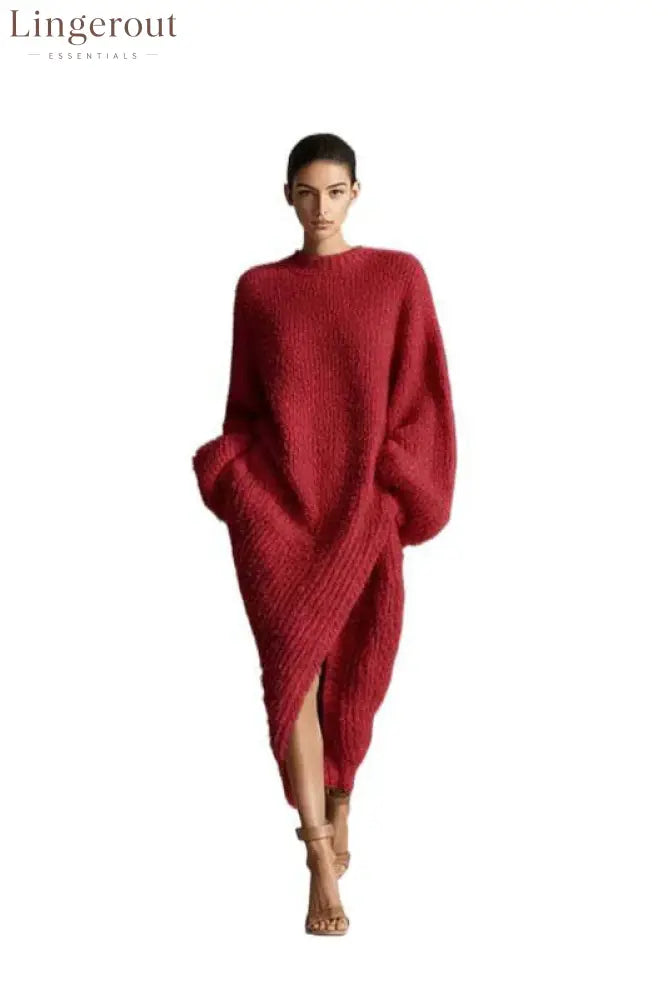 Women’s Cream Textured Knit Oversized Long Sleeve Slit Maxi Sweater Dress