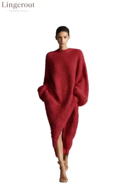Women’s Cream Textured Knit Oversized Long Sleeve Slit Maxi Sweater Dress