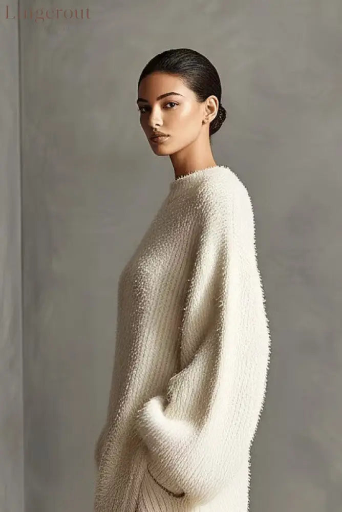 Women’s Cream Textured Knit Oversized Long Sleeve Slit Maxi Sweater Dress
