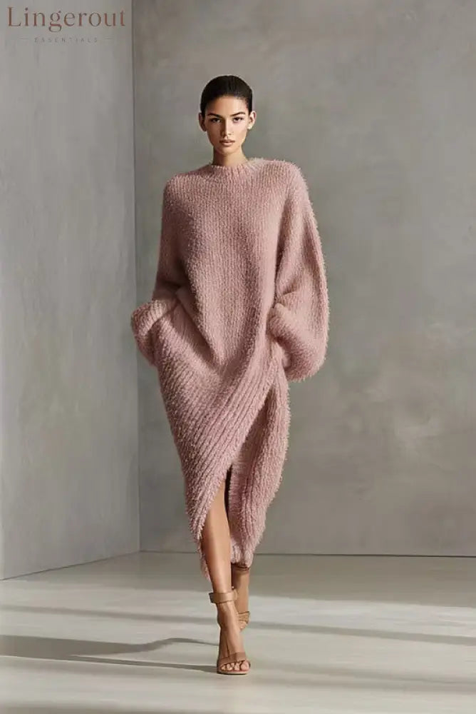 Women’s Cream Textured Knit Oversized Long Sleeve Slit Maxi Sweater Dress