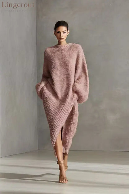 Women’s Cream Textured Knit Oversized Long Sleeve Slit Maxi Sweater Dress
