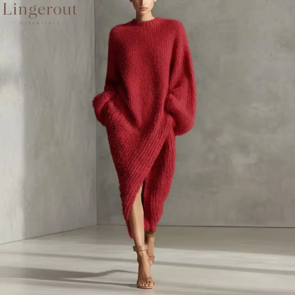 Women’s Cream Textured Knit Oversized Long Sleeve Slit Maxi Sweater Dress - Burgundy / S
