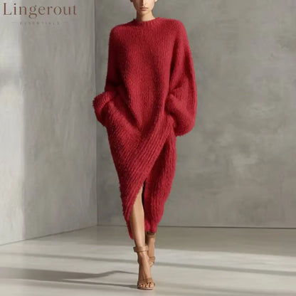 Women’s Cream Textured Knit Oversized Long Sleeve Slit Maxi Sweater Dress - Burgundy / S