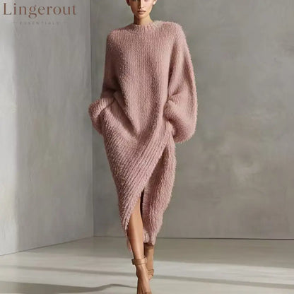 Women’s Cream Textured Knit Oversized Long Sleeve Slit Maxi Sweater Dress - Lotus / S