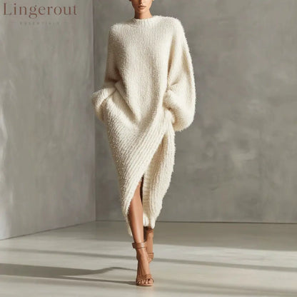 Women’s Cream Textured Knit Oversized Long Sleeve Slit Maxi Sweater Dress - Off white / S