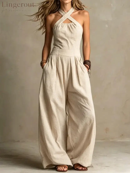 Women’s Cross-neck Halter Design Cotton-linen Jumpsuit - Beige / XS