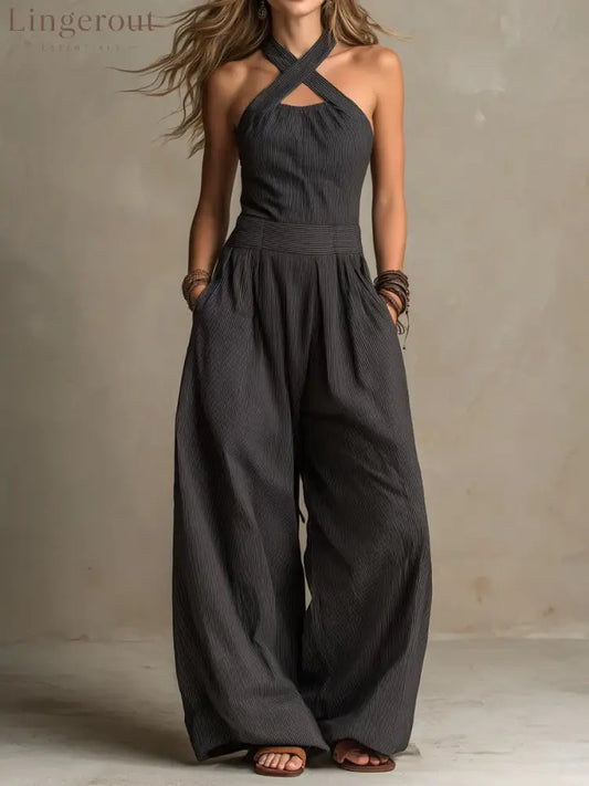Women’s Cross-neck Halter Design Cotton-linen Jumpsuit - Black / XS