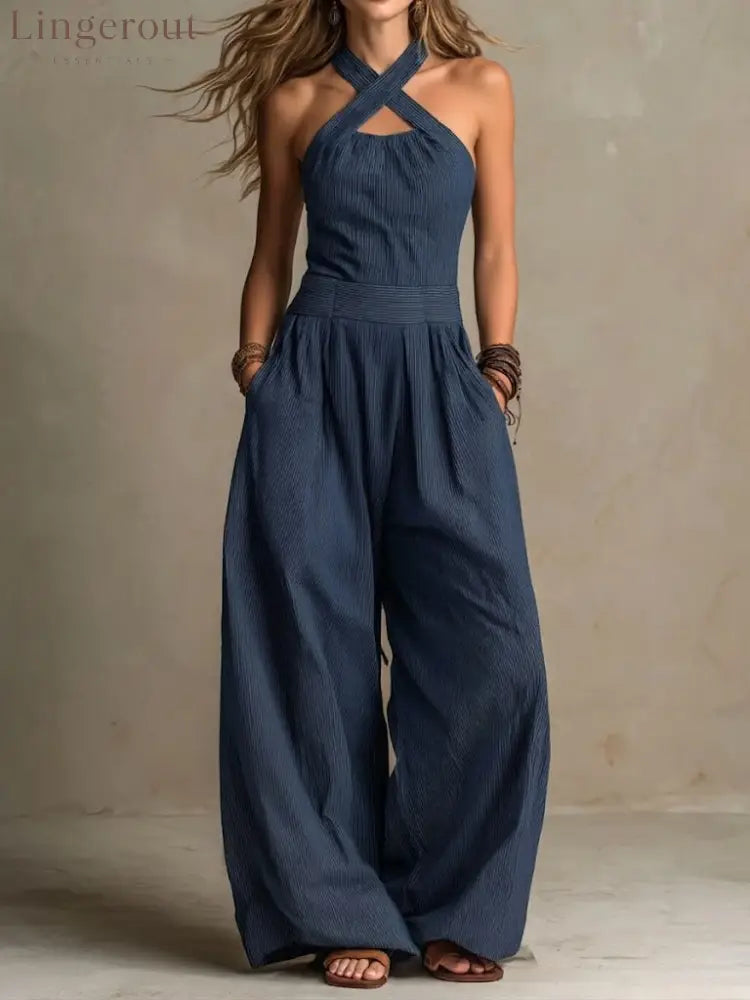 Women’s Cross-neck Halter Design Cotton-linen Jumpsuit - Navy / XS