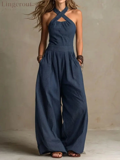 Women’s Cross-neck Halter Design Cotton-linen Jumpsuit - Navy / XS