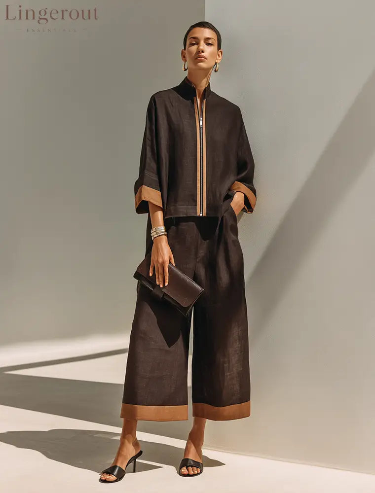 Women’s Dark‑Brown Linen Fabric Stand‑Collared Zip‑Up Crop Top & Wide‑Leg Pants Set - Set