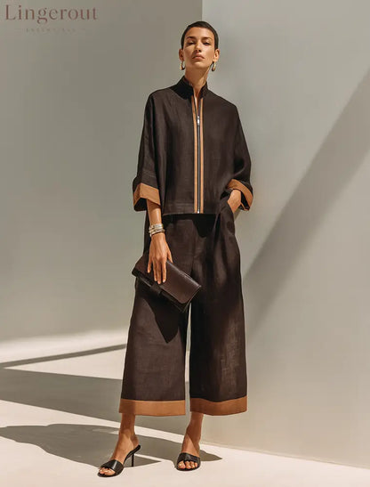 Women’s Dark‑Brown Linen Fabric Stand‑Collared Zip‑Up Crop Top & Wide‑Leg Pants Set - Set