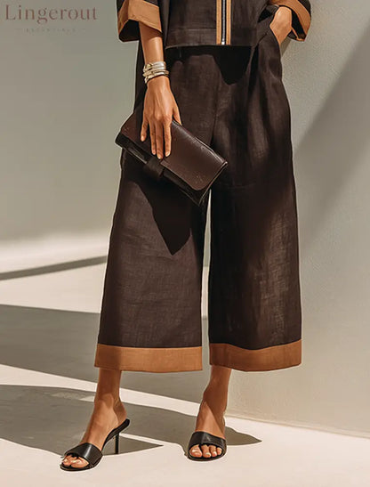 Women’s Dark‑Brown Linen Fabric Stand‑Collared Zip‑Up Crop Top & Wide‑Leg Pants Set - Set